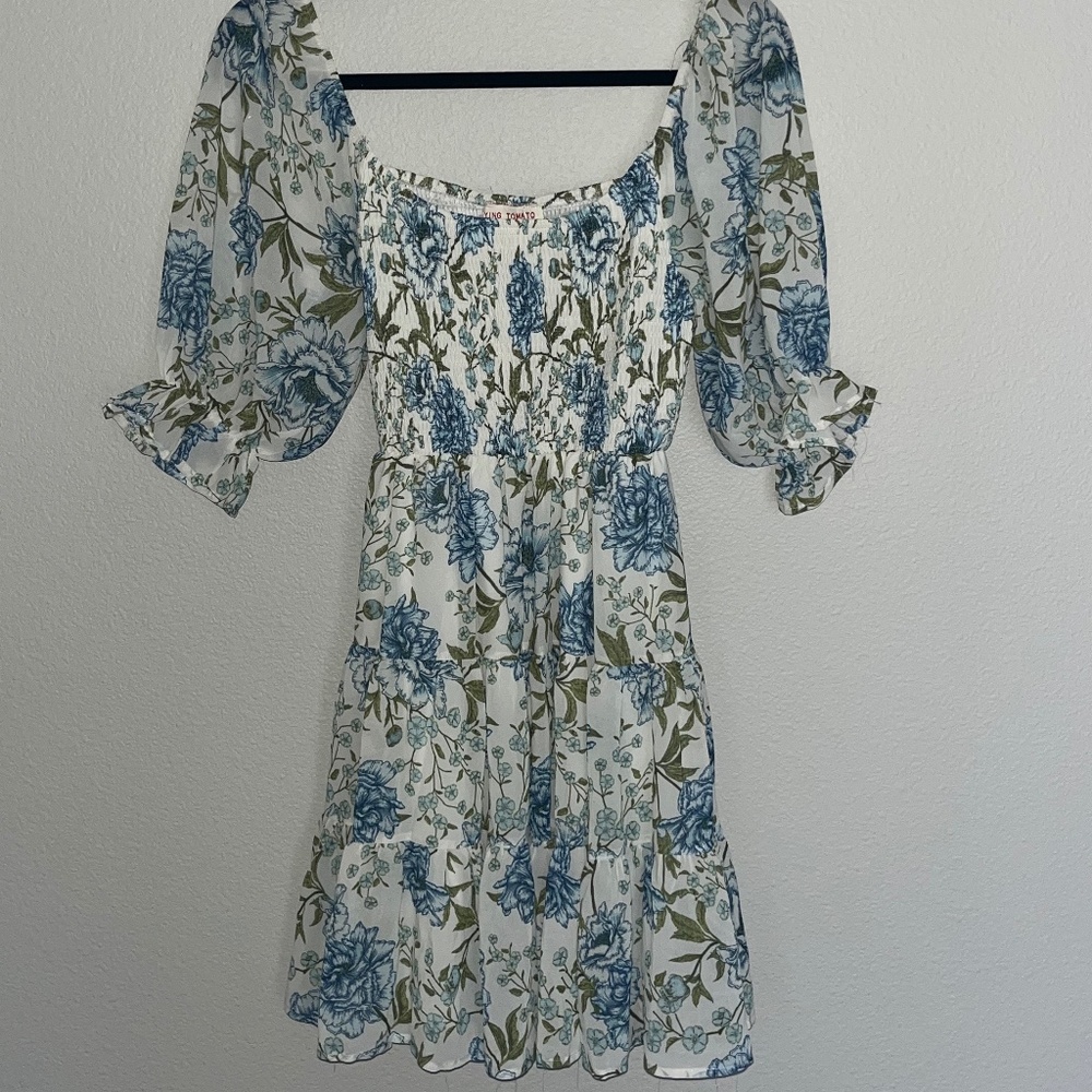 Flying Tomato Floral Scoop Neck Smocked Tiered Mini Dress Women's